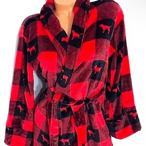 Red and Black Plaid Robe with Labrador Dog Print